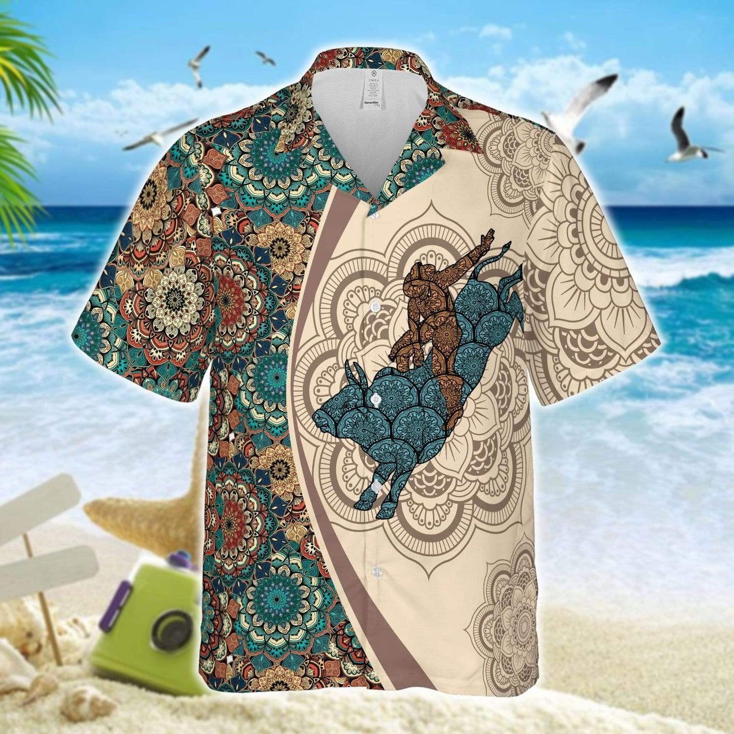 Amazing Bull Riding Brown Mandala Unisex Hawaiian Shirts  Beach Shorts 