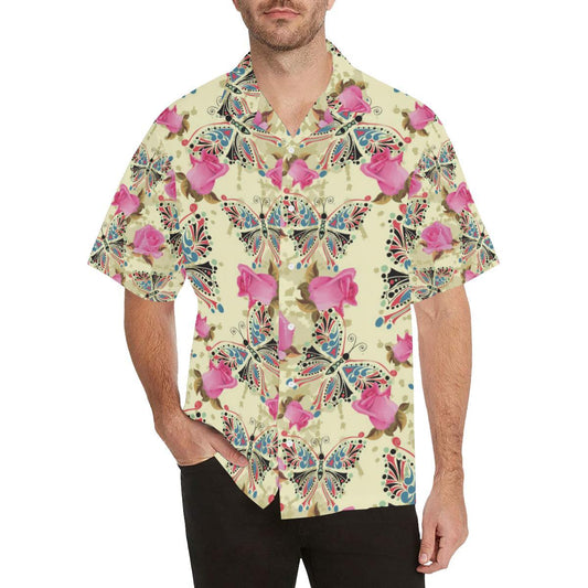 Butterfly Pink Rose Pattern Mens All Over Print Hawaiian Shirt