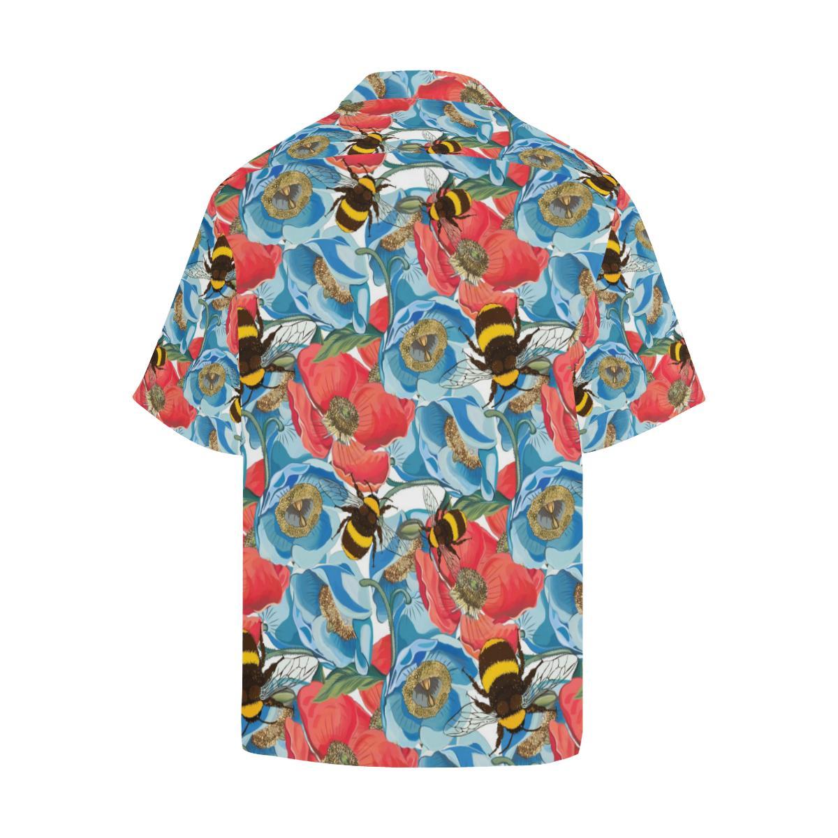 Bee Red And Blue Hibiscus Pattern Mens All Over Print Hawaiian Shirt
