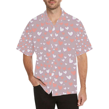 Coral White Heart Pattern Mens All Over Print Hawaiian Shirt