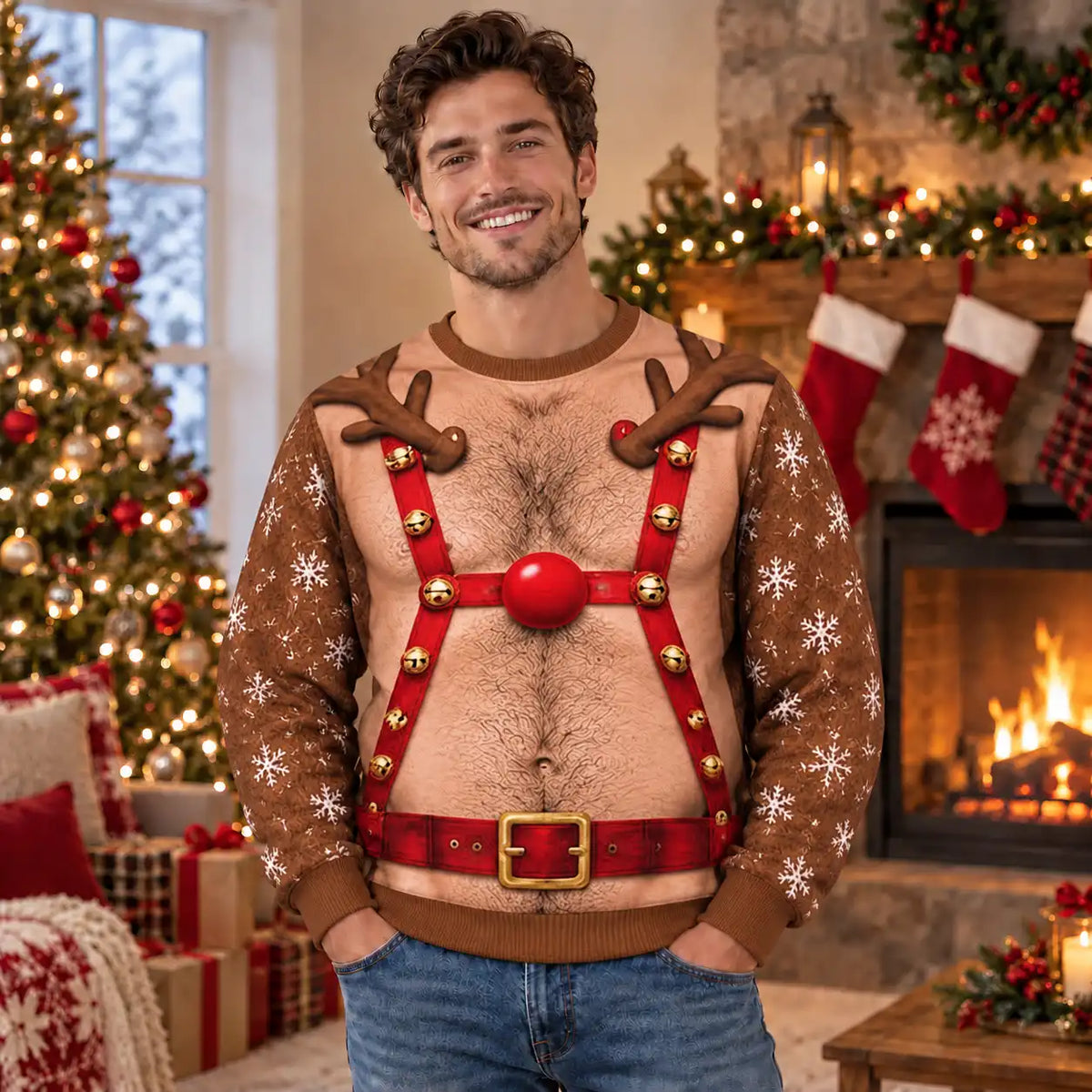 Hairy Chest Reindeer Sweatshirt – Funny Rudolph Christmas Costume 3D All Over Print Design