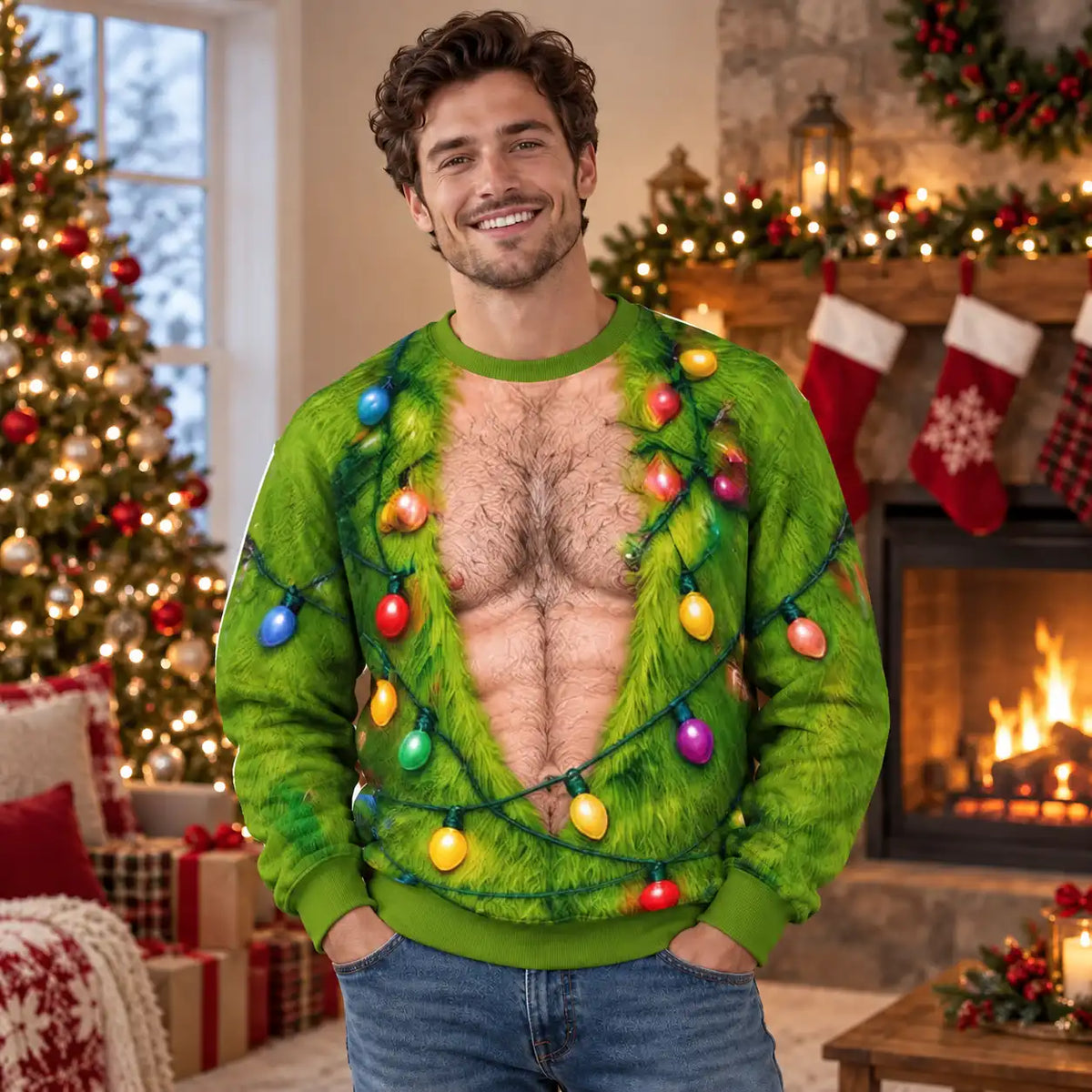 Hairy Chest Christmas Lights Sweatshirt – Funny Green Holiday Graphic 3D All Over Print Design
