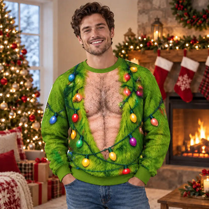 Hairy Chest Christmas Lights Sweatshirt – Funny Green Holiday Graphic 3D All Over Print Design