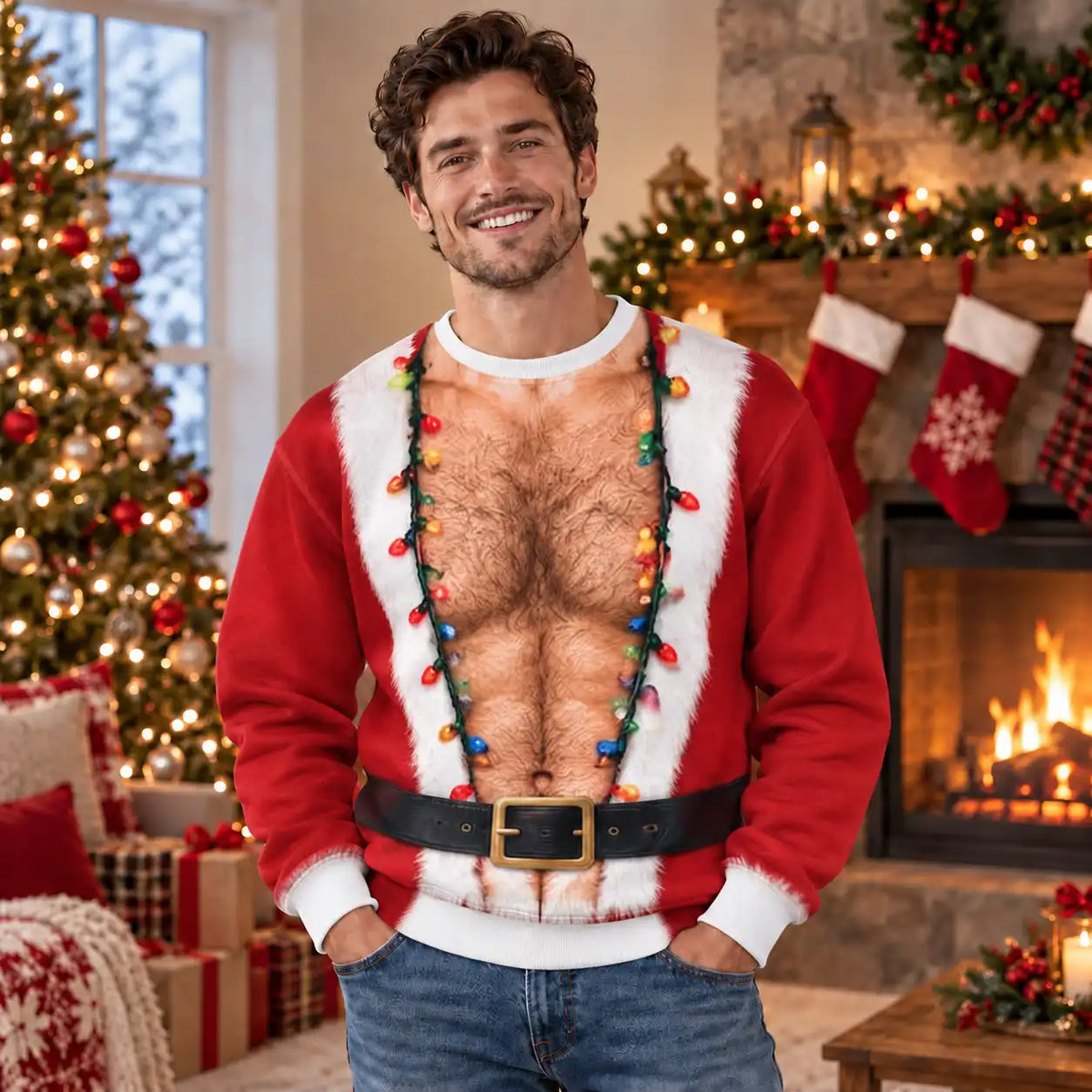 Hairy Chest Santa Sweatshirt – Funny Christmas Lights Santa Costume 3D All Over Print Design