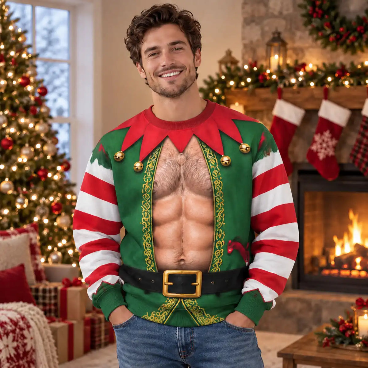 Hairy Chest Elf Sweatshirt – Funny Christmas Elf Costume 3D All Over Print Design