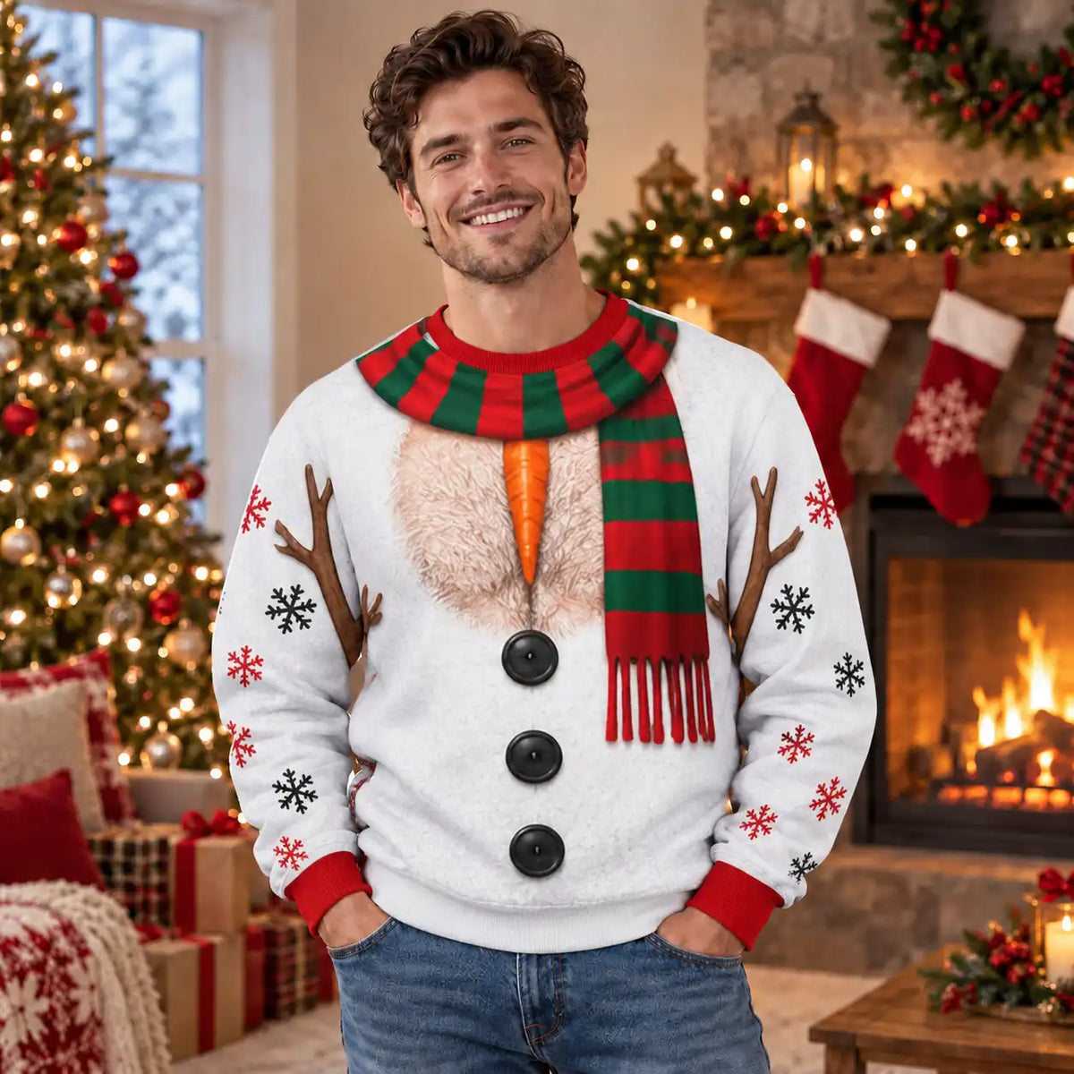 Hairy Chest Snowman Sweatshirt – Funny Christmas Snowman Graphic 3D All Over Print Design