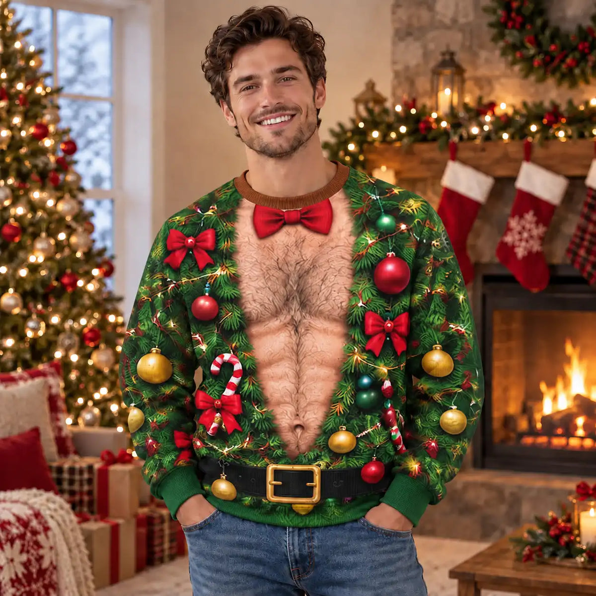 Hairy Chest Christmas Tree Sweatshirt – Funny Ugly Christmas Graphic 3D All Over Print Design