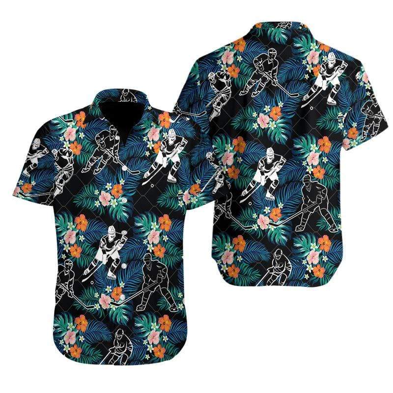 Hockey Player Black Tropical Hibiscus Hawaiian Aloha Shirts #2811l