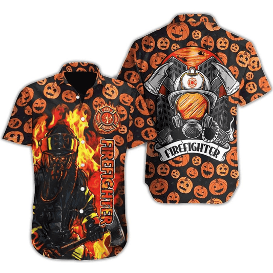 Hawaiian Aloha Shirts Firefighter Pumpkin Halloween #DH