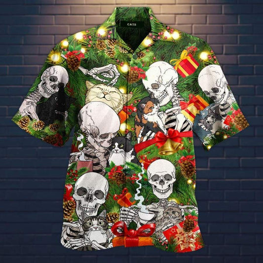 Christmas Skull Love Cat Green Hawaiian Aloha Shirts