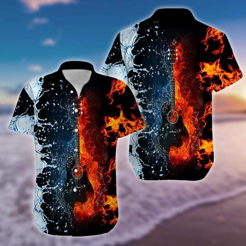 Hawaiian Aloha Shirts Amazing Fire and Water Guitar #2212H