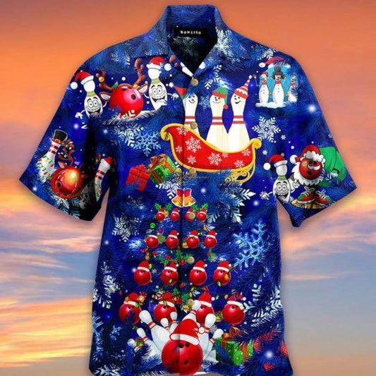 Bowling Merry Christmas Blue Hawaiian Aloha Shirts