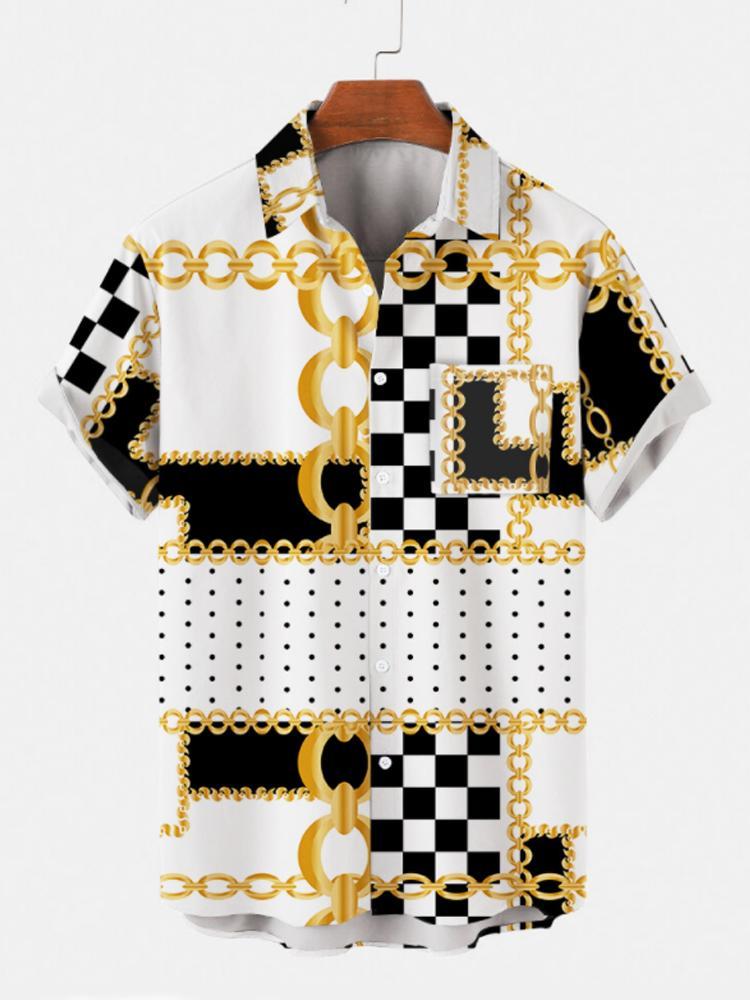 Irregular Chain Black And White Plaid Mens Short Sleeve Shirt Hawaiian