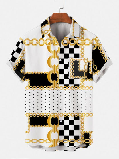Irregular Chain Black And White Plaid Mens Short Sleeve Shirt Hawaiian