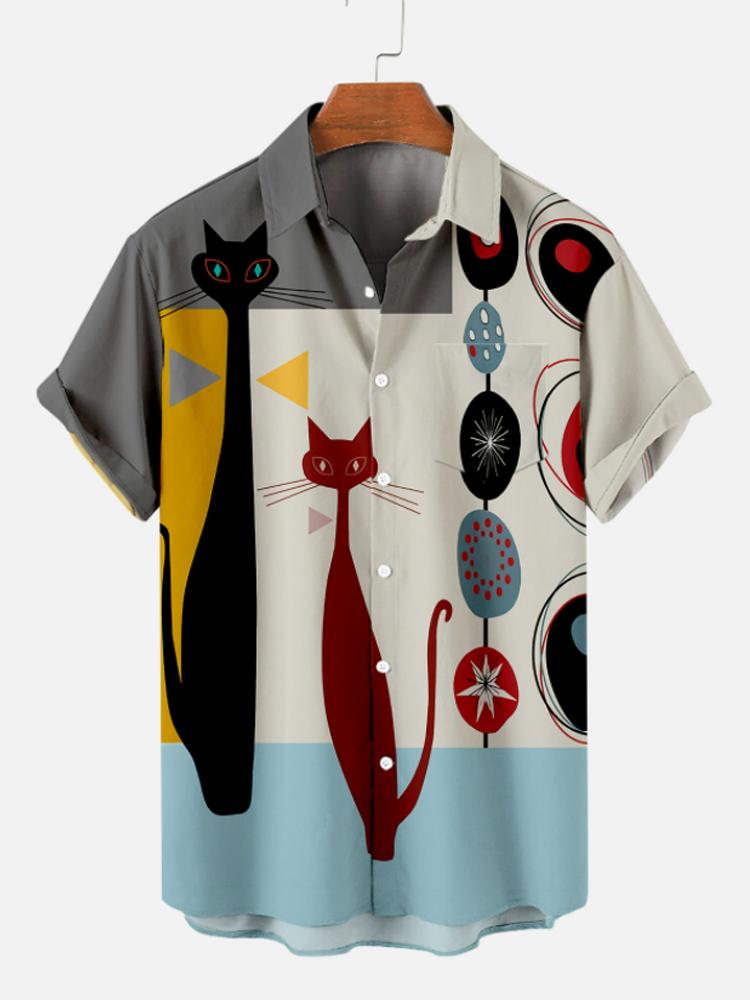 Casual Cat Print Mens Short Sleeve Shirt Hawaiian
