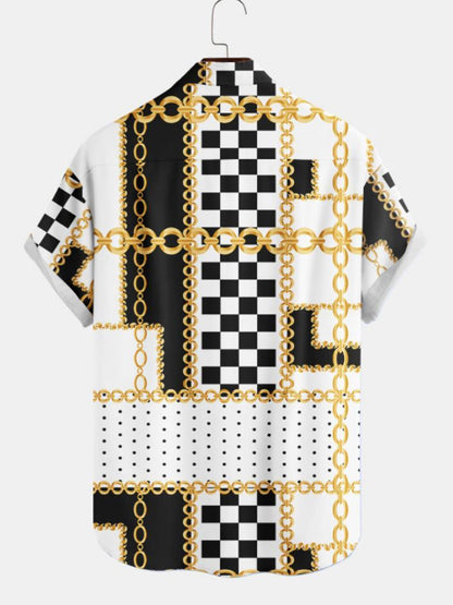Irregular Chain Black And White Plaid Mens Short Sleeve Shirt Hawaiian