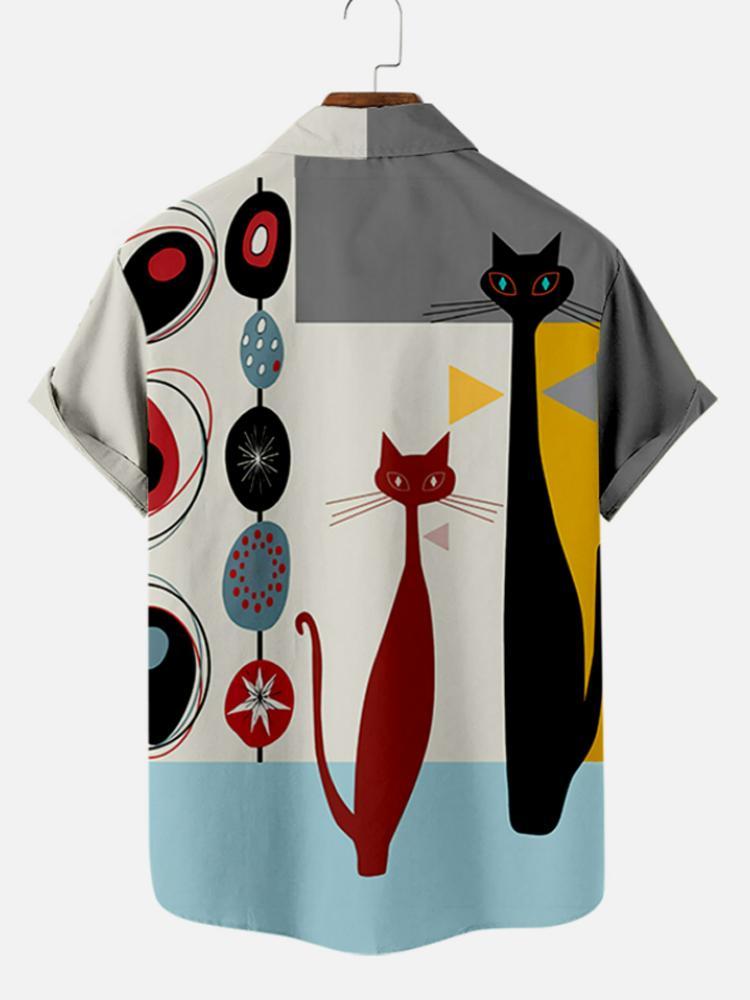 Casual Cat Print Mens Short Sleeve Shirt Hawaiian