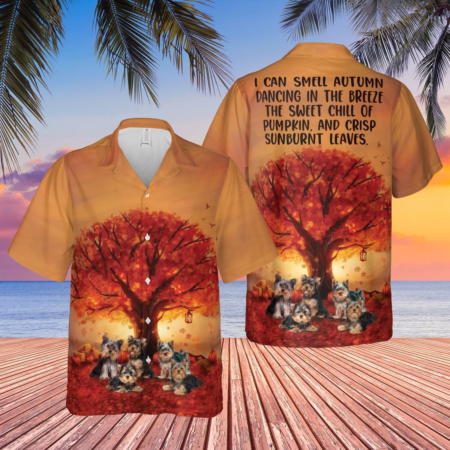 Yorkshire Terrier Smell Autumn Dancing In Breeze Unisex Hawaiian Shirt