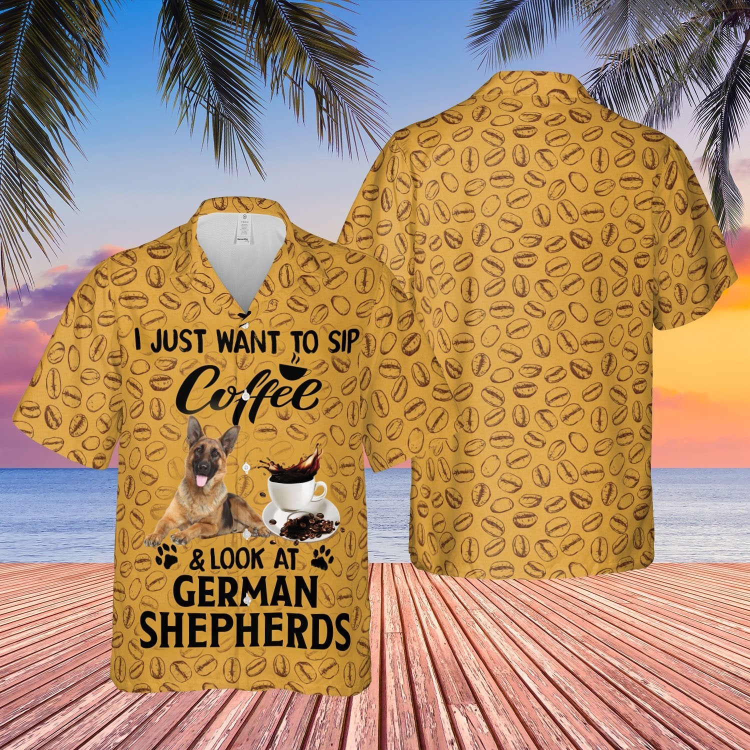 German Shepherd Want To Sip Coffee And Look At Hawaiian Shirt