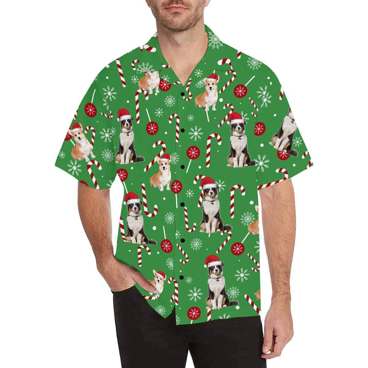 Custom Photo Christmas Dogs Green Men's All Over Print Hawaiian Shirt