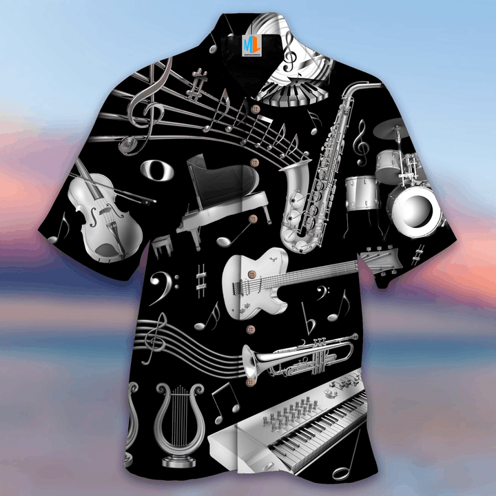 Silver  Musical Instrument Black Unique Design Unisex Hawaiian Shirt 