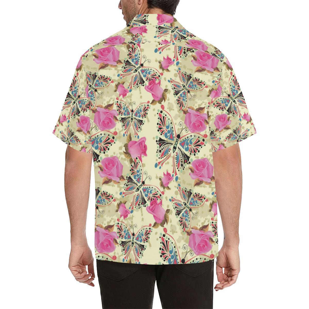 Butterfly Pink Rose Pattern Mens All Over Print Hawaiian Shirt