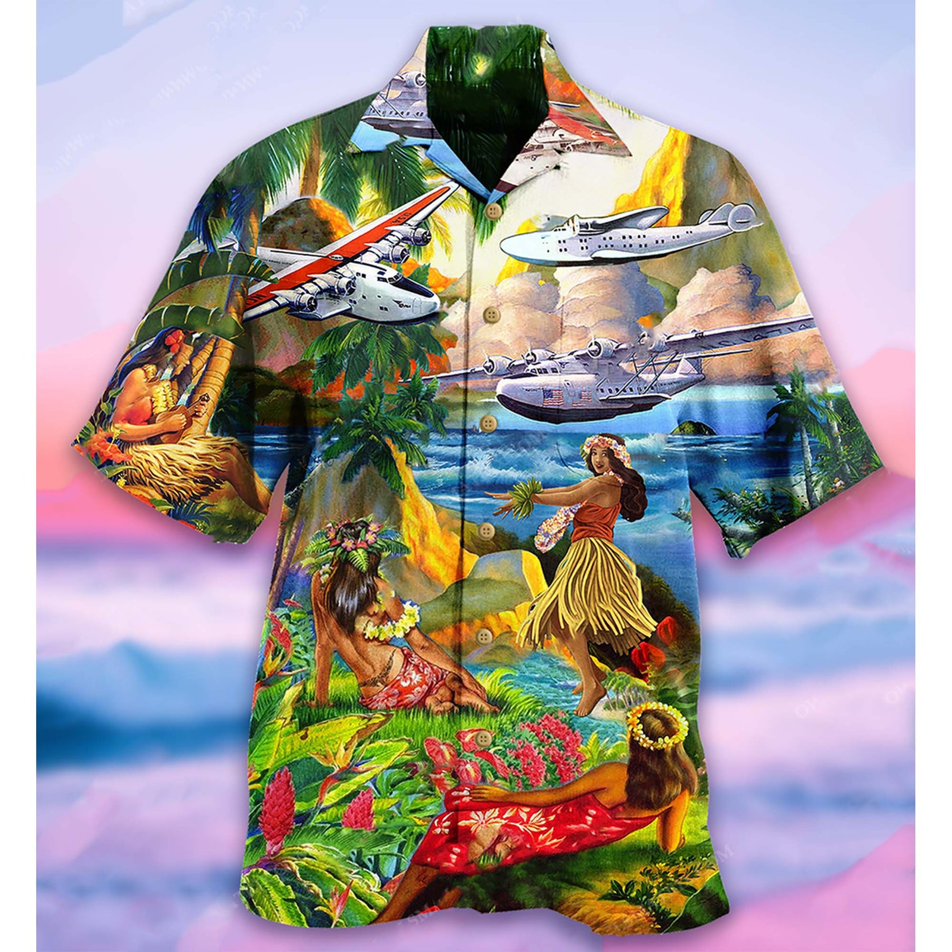 Airplane Love Hawaii Forever Tropical Hawaiian Aloha Shirts #Dh