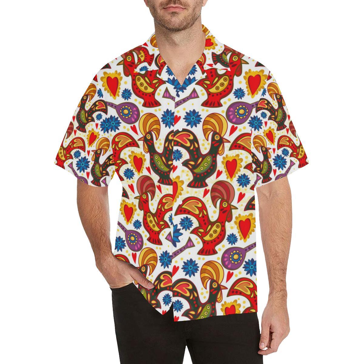 Colorful Rooster Chicken Guitar Pattern Mens All Over Print Hawaiian Shirt