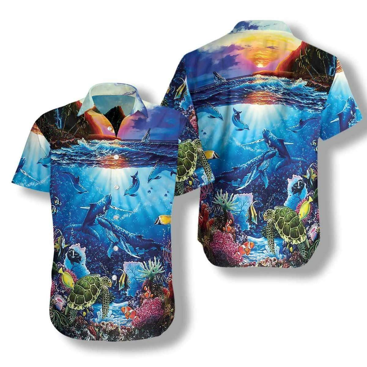 Hawaiian Aloha Shirts Turtle Under The Sea