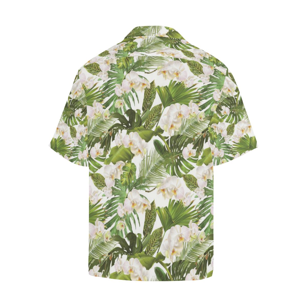 White Orchid Flower Tropical Leaves Pattern Mens All Over Print Hawaiian Shirt