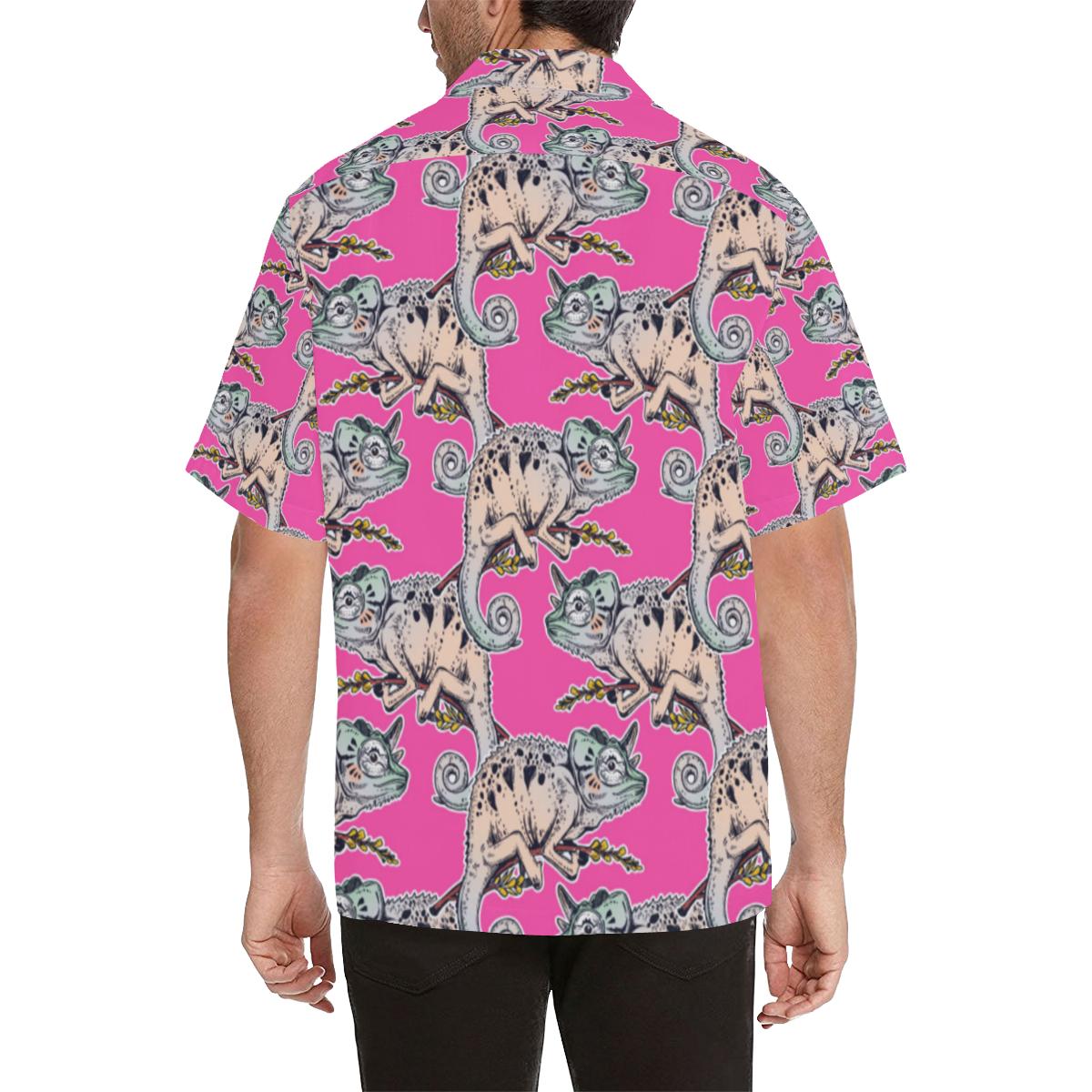Chameleon Lizard Pattern Pink Background Mens All Over Print Hawaiian Shirt