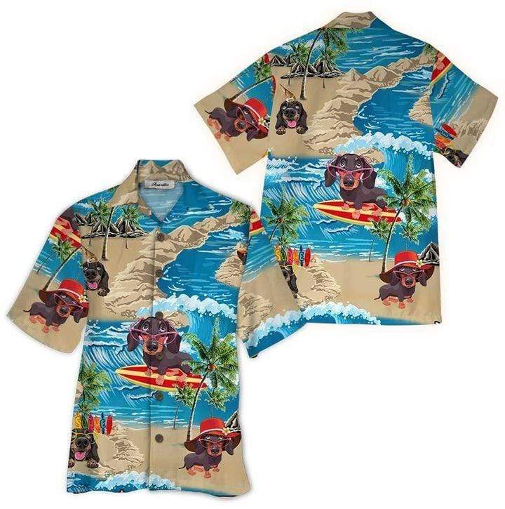 Kawaii Dachshund Surfing On Island Hawaiian Aloha Shirts #Dh