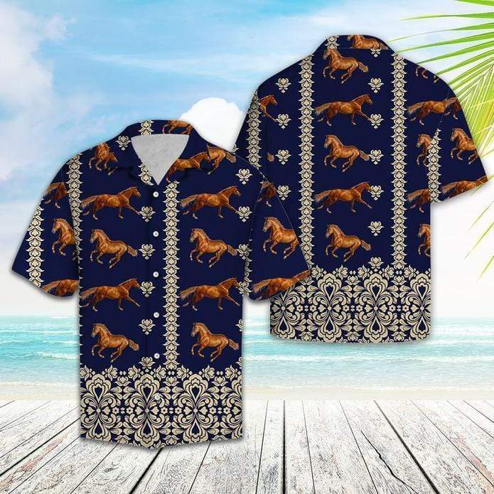 Horse Pattern Navy Hawaiian Shirts 