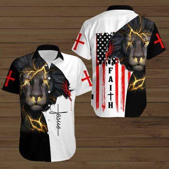 American Flag Faith Lion Thunder Jesus Hawaiian Shirts #V