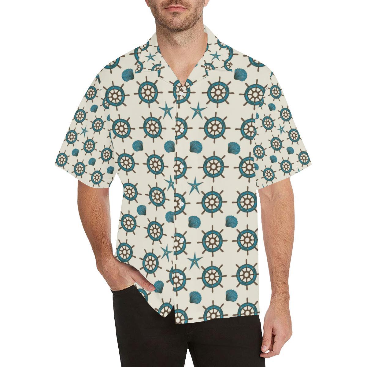 Nautical Steering Wheel Rudder Shell Pattern Mens All Over Print Hawaiian Shirt