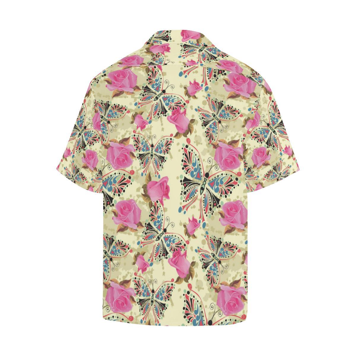 Butterfly Pink Rose Pattern Mens All Over Print Hawaiian Shirt