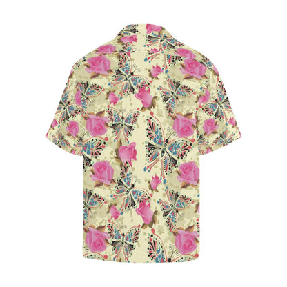 Butterfly Pink Rose Pattern Mens All Over Print Hawaiian Shirt