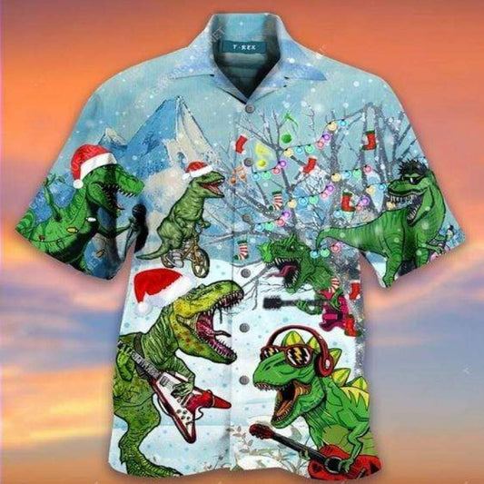 Hawaiian Aloha Shirts Dinosaurs Play Guitar On Christmas