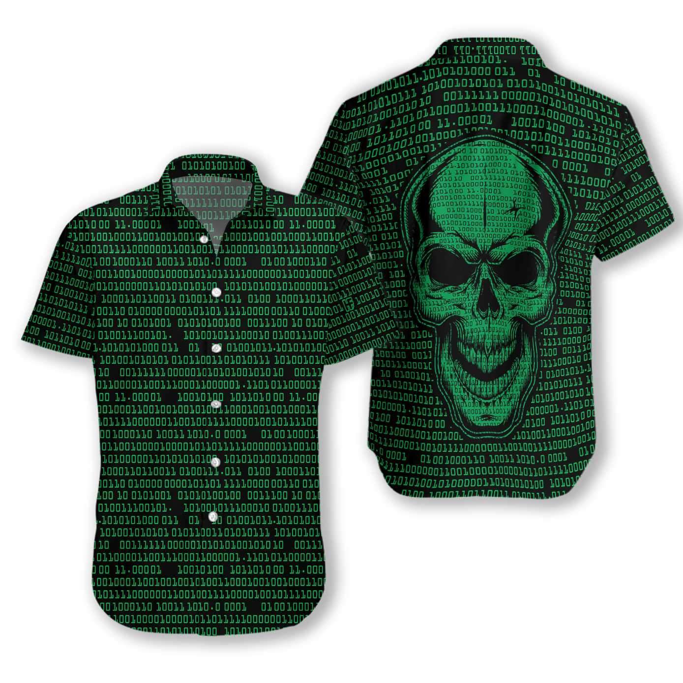 Binary Code Skull Dark Green Hawaiian Aloha Shirts