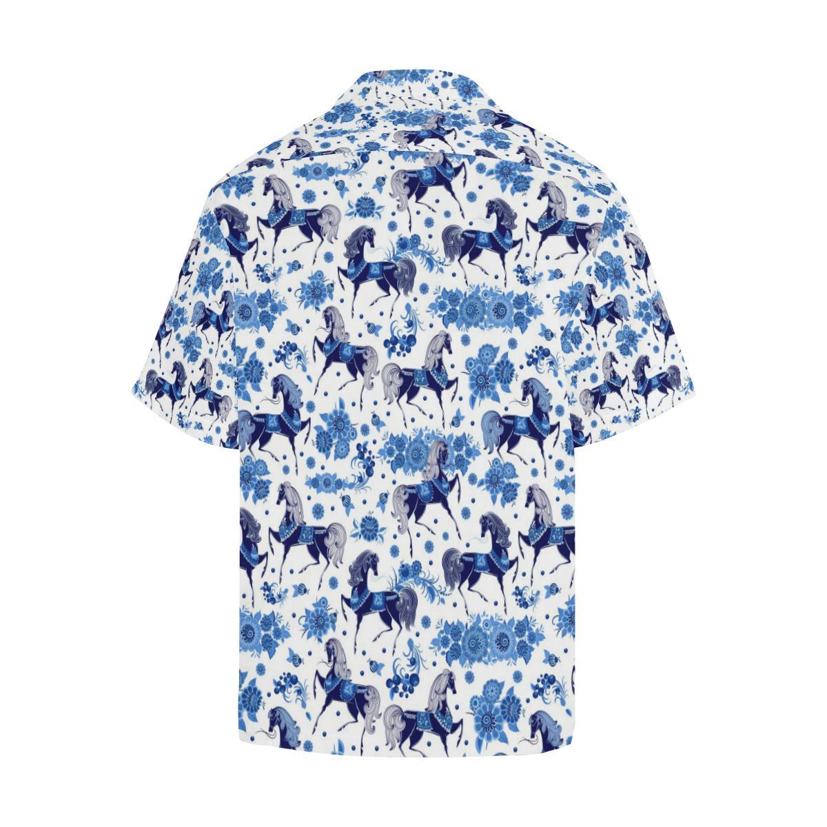 Horse Flower Blue Theme Pattern Mens All Over Print Hawaiian Shirt