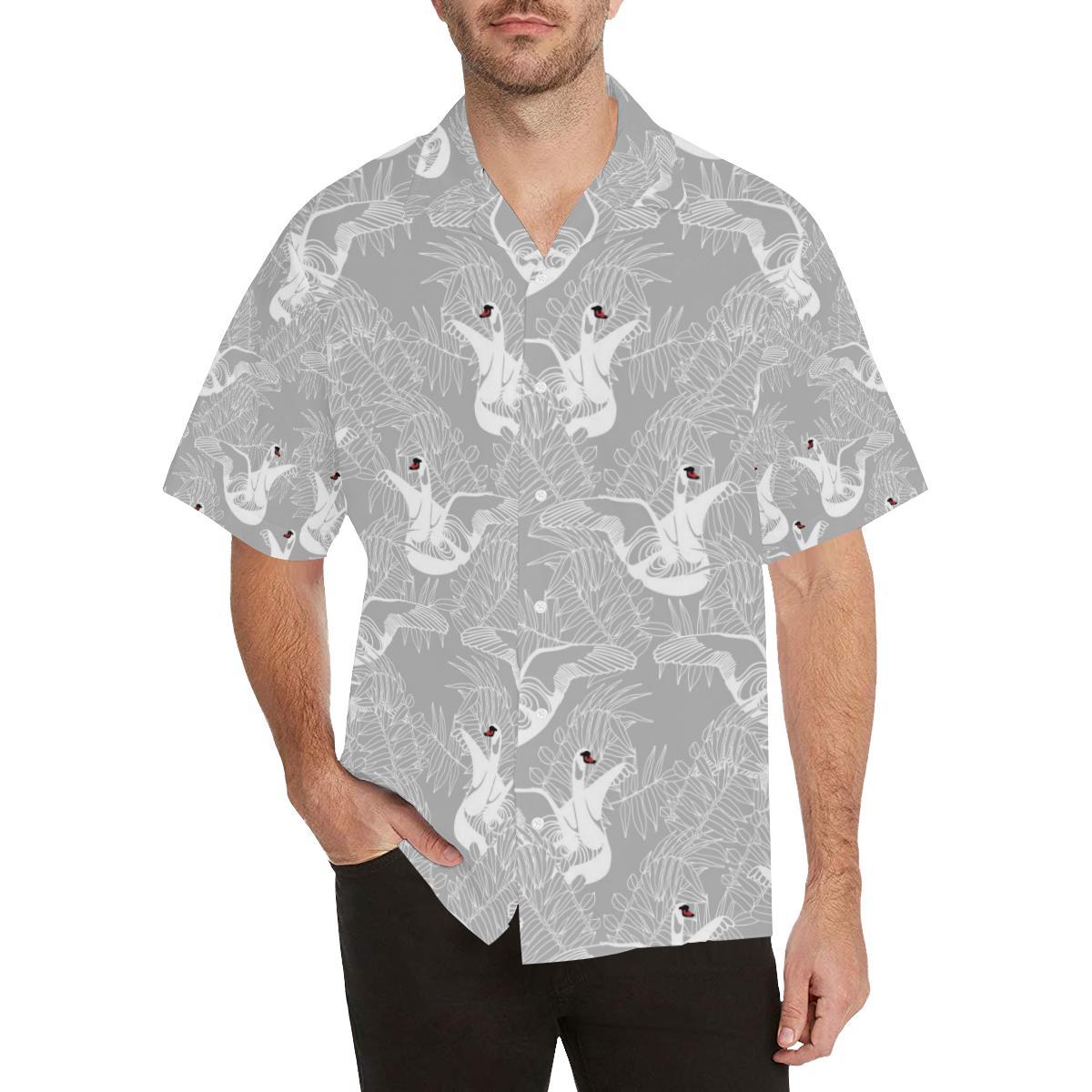 White Swan Gray Background Mens All Over Print Hawaiian Shirt