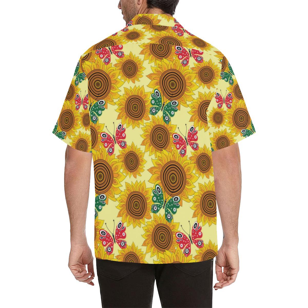 Sunflower Butterfly Pattern Mens All Over Print Hawaiian Shirt