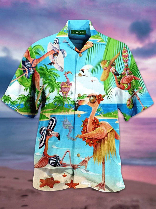 Funny Flamingoes On Beach Tropical Unisex Hawaiian Aloha Shirts