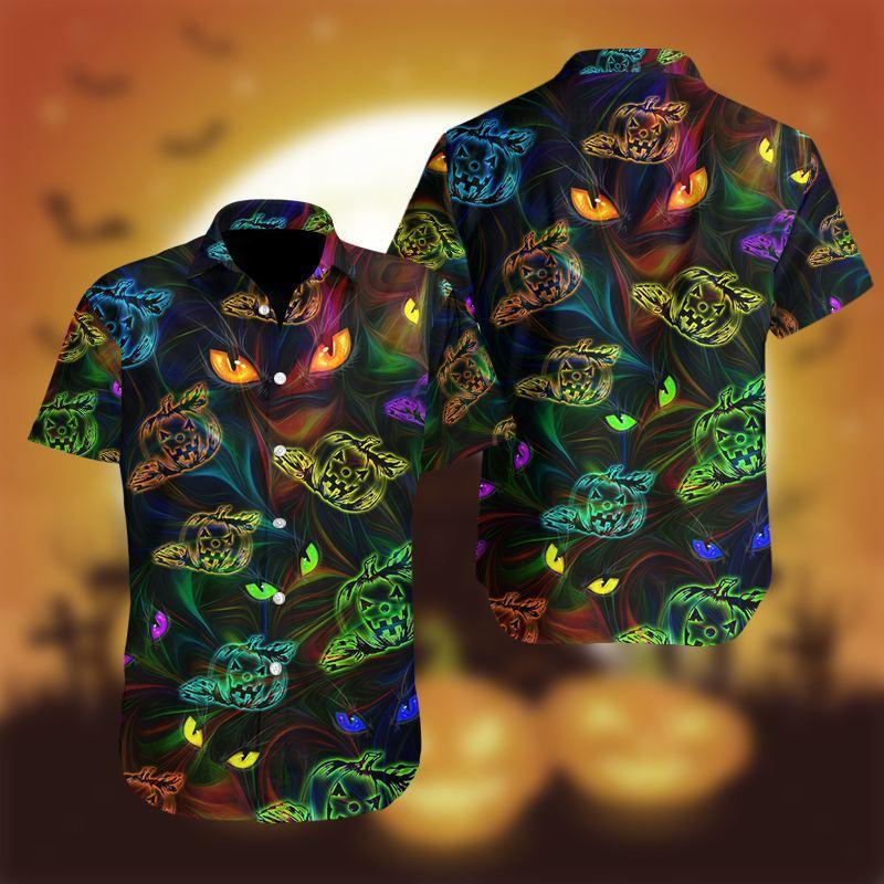 Halloween Colorful Light Cat And Pumpkin Hawaiian Shirt #H