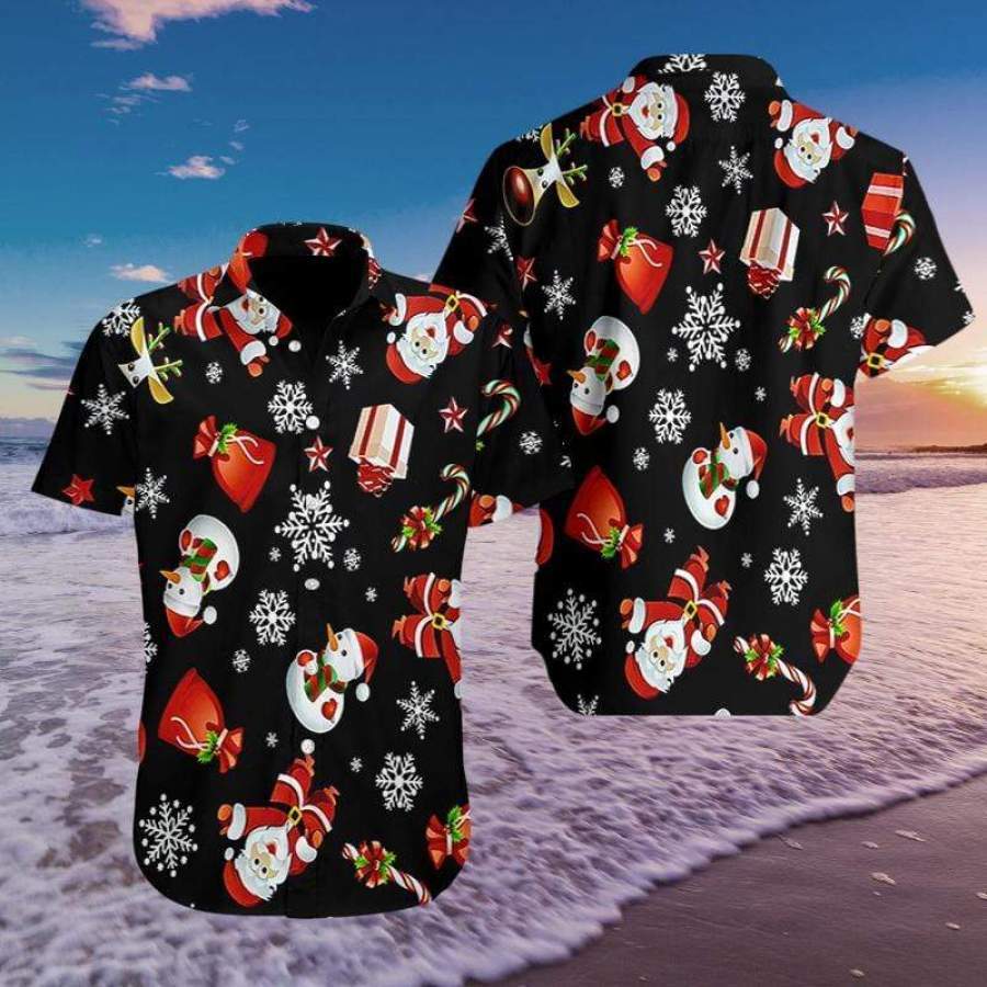 Merry Christmas So Cute Santa Snowman Black Pattern Hawaiian Aloha Shirts #1310l