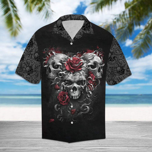 Scary Trio Skull Red Roses Hawaiian Aloha Shirts #DH