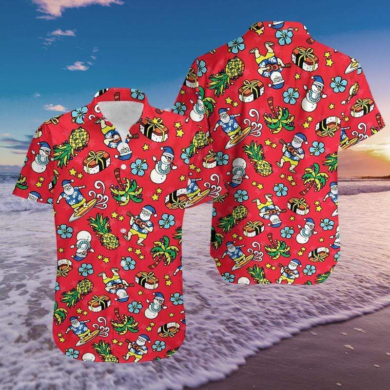 Santa Claus Playing Guitar Pineapple Red Hawaiian Shirts #2111l