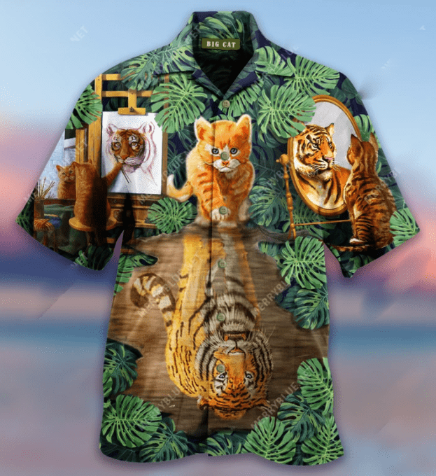 Cat See Tiger By Mirror Hawaiian Aloha Shirts #DH