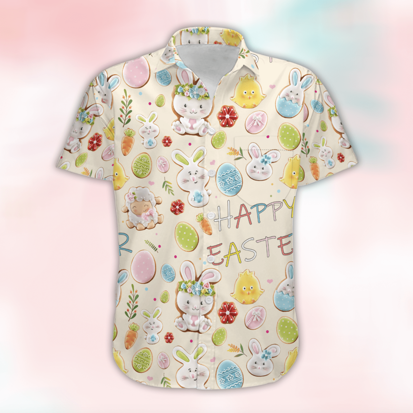 Happy Easter Beige Sweet Bunny Lamb Chick Cookies Hawaiian Aloha Shirts 