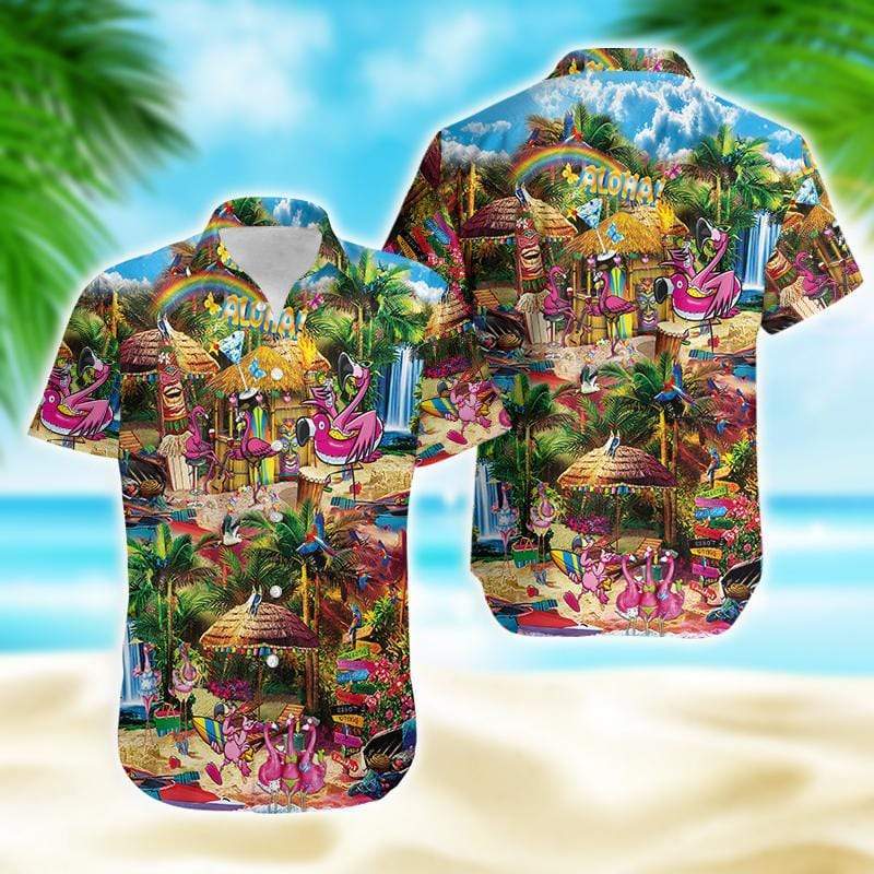 Hawaiian Aloha Shirts Flamingo At Tiki Bar Tropical #2904DH